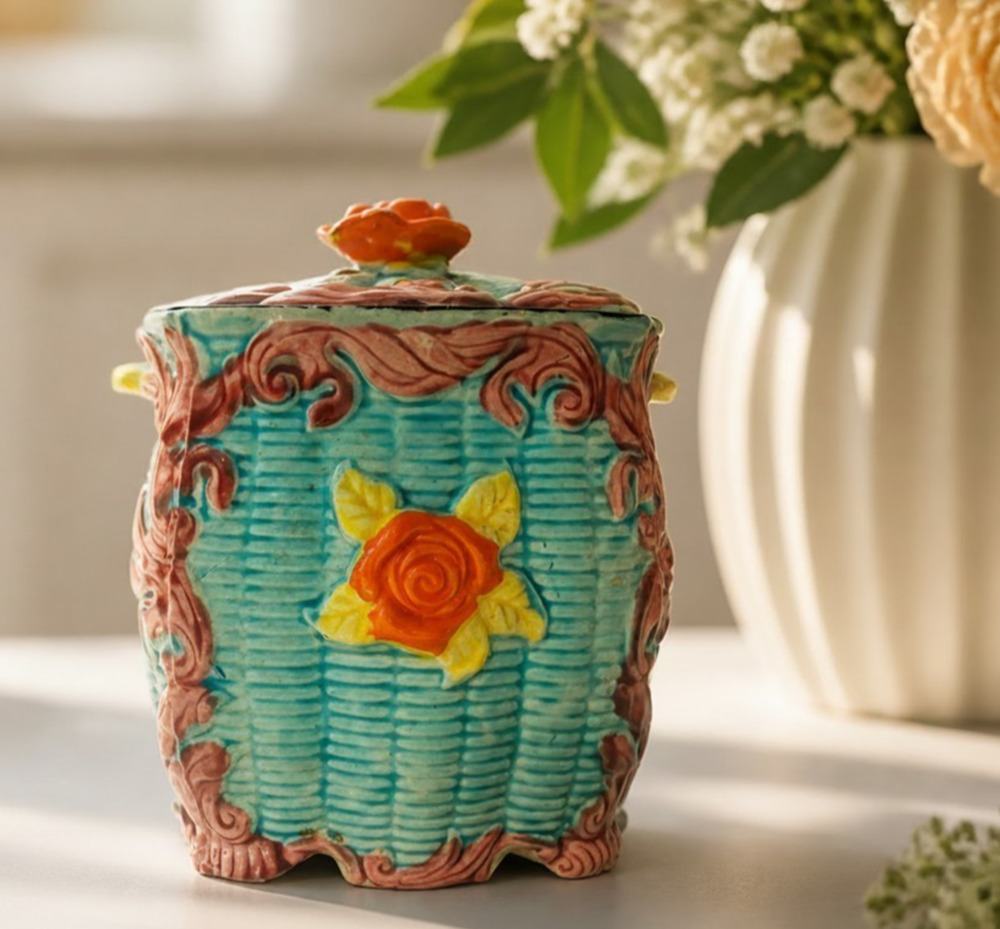 Vintage Japanese Majolica Turquoise Basketweave Lidded Biscuit Cookie Candy Jar